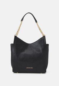 Czarna skórzana torebka Michael Kors z złotym łańcuchem i logo, usztywniona z lekko opadającą formą oraz gładką fakturą.