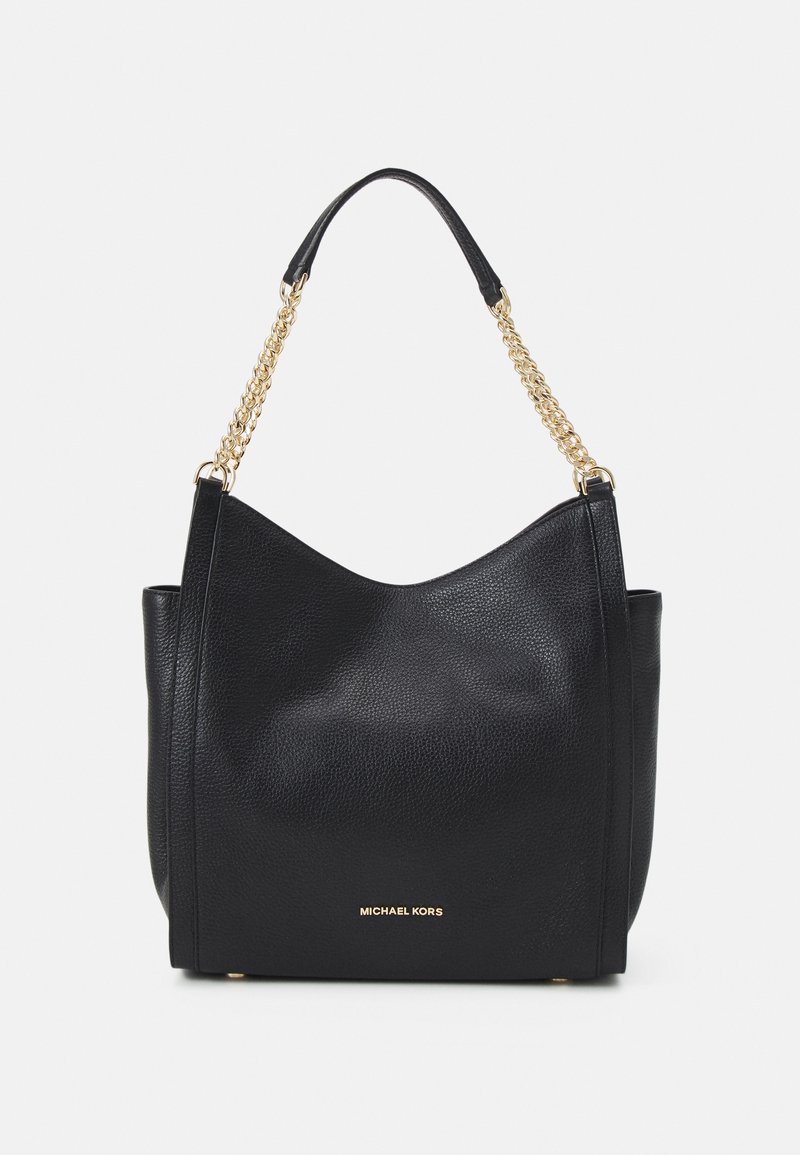 Czarna skórzana torebka Michael Kors z złotym łańcuchem i logo, usztywniona z lekko opadającą formą oraz gładką fakturą.