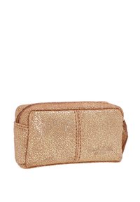Rose gold cosmetic pouch featuring a textured, metallic finish, rectangular shape, and zip closure with visible stitching details.
