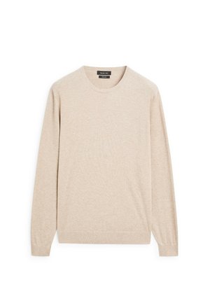 Beige long-sleeve sweater with a round neckline, made of soft fabric. Features ribbed cuffs and hem, smooth texture, and minimal design.
