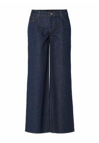 Wide-leg jeans made of dark blue denim, featuring a button closure, five pockets, and contrast stitching. Smooth texture with a casual design.