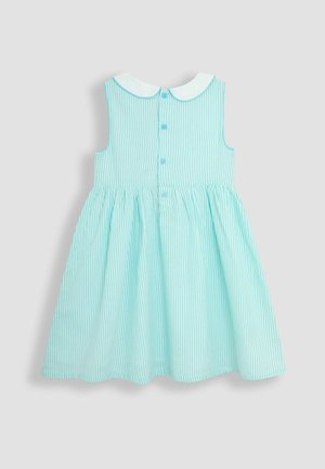 Világoskék csíkos ruha fehér gallérral, ujjatlan dizájnnal, hátul gombos záródással és bő szoknyával. Puha anyagból készült.