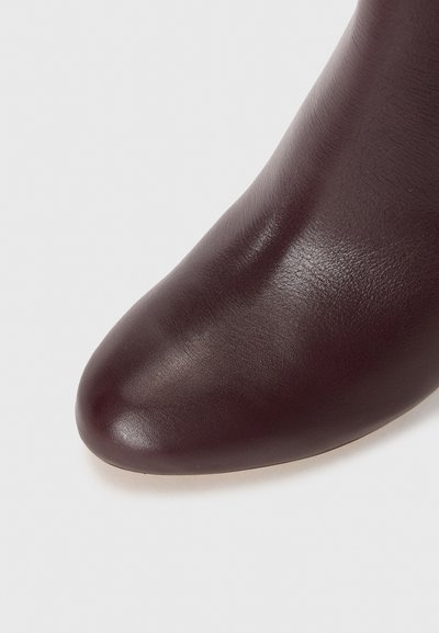 Bota de cuero burdeos hasta el tobillo con punta afilada, textura suave y brillo sutil. El diseño presenta una silueta elegante y sin herrajes visibles.