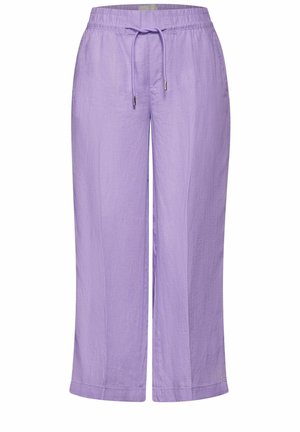 Pantaloni rilassati di colore viola chiaro, realizzati in un morbido tessuto testurizzato. Caratterizzati da una cintura elastica con cordoncino e design a gamba dritta.