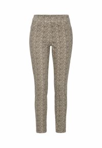 Pantalons extensibles dans un motif pied-de-poule texturé beige et marron, avec une coupe slim ajustée et une taille élastique.