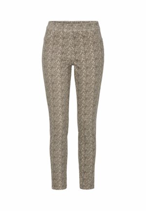 Stretch-housut, joissa on teksturoitu beige ja ruskea houndstooth-kuvio, tiukka ja istuva muotoilu sekä joustava vyötärö.