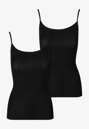 Two black camisole tops made of soft fabric. Each features thin straps and a fitted shape. Smooth texture with no patterns or embellishments.