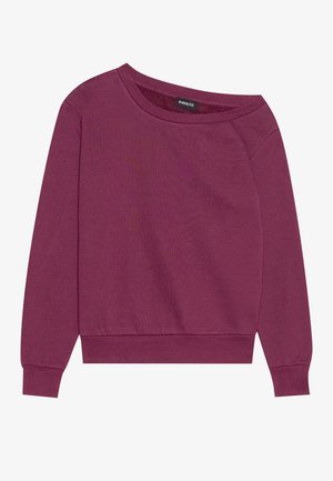 Sweatshirt magenta à épaules dénudées avec des manches longues, des poignets et un ourlet côtelés. Fabriqué en tissu doux, il présente une coupe décontractée et une texture lisse.