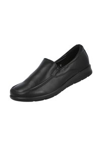 Zapatos de cuero negro tipo slip-on con parte superior texturizada, puntera redondeada y suela de goma flexible. Diseño simple, sin herrajes ni patrones visibles.