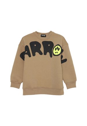 Felpa girocollo color camel con la scritta nera in grassetto "BARROW" e una faccina sorridente gialla neon con zanne sul davanti.