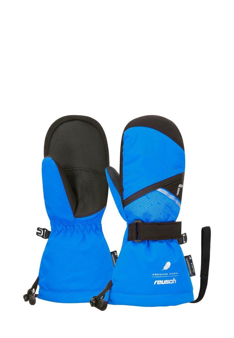 Blaue isolierte Handschuhe mit schwarzen Lederpalmen, elastischen Bündchen, verstellbaren Riemen und strukturierten Panelakzenten. Wasserabweisendes Material.