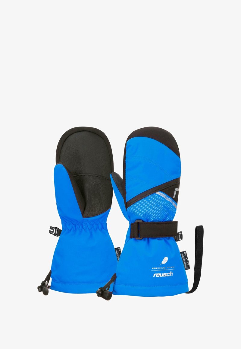 Blaue isolierte Handschuhe mit schwarzen Lederpalmen, elastischen Bündchen, verstellbaren Riemen und strukturierten Panelakzenten. Wasserabweisendes Material.