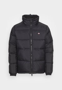 Giubbotto tipo puffer nero con colletto alto, zip frontale e polsini elasticizzati. Presenta pannelli cuciti e un piccolo logo sulla parte superiore sinistra del petto.
