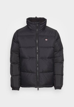 Black puffer jacket with a high collar, front zipper, and elastic cuffs. Features stitched panels and a small logo on the upper left chest.