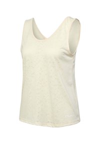 Ljus beige ärmlös tanktop med V-ringning, som har en subtil struktur och en kontrasterande krämfärgad kant längs halsringningen och nederkanten.