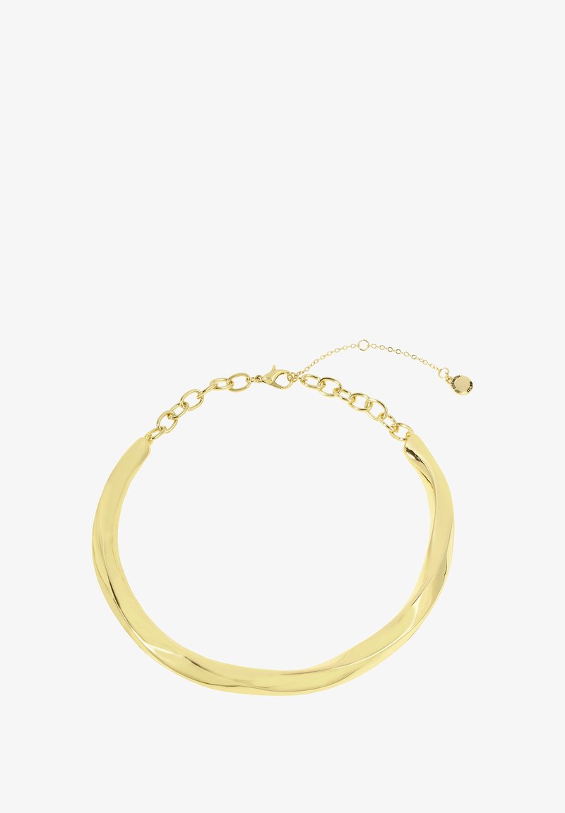 Collana choker in metallo color oro con un design fluido e curvo. Presenta anelli a catena e una chiusura con gancio per una dimensione regolabile.