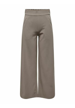 Pantalons à jambes larges en couleur taupe unie, en tissu doux. Dotés d'une taille élastique haute et de deux poches avant.
