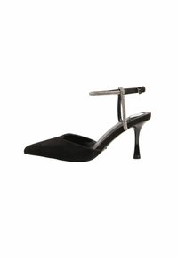 Pantofii negri din suede, cu vârf ascuțit și toc subțire stiletto. Prezintă o curea pentru gleznă ornamentată cu strasuri. Textură netedă și design elegant.