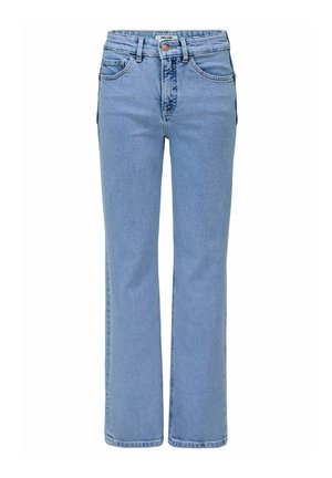 Jeans a gamba dritta a vita alta di colore azzurro chiaro con tasche frontali, passanti per cintura e chiusura con bottone e cerniera.