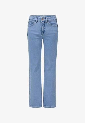 Light blue high-waist straight-leg jeans with front pockets, belt loops, and a button-and-zipper closure.