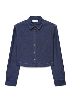 Veste en jean bleu foncé courte avec manches longues, fermeture à boutons sur le devant, col et détails de couture visibles.