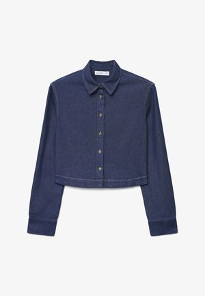 Veste en jean bleu foncé courte avec manches longues, fermeture à boutons sur le devant, col et détails de couture visibles.