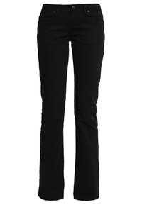 Jean droit noir en tissu mélangé coton. Comprend cinq poches, des passants de ceinture et une fermeture à bouton à l'avant.