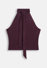 Αμάνικο crop top σε σκούρο μωβ με λαιμόκοψη halter, φαρδιά γιακά και φιόγκο στο μπροστινό μέρος.