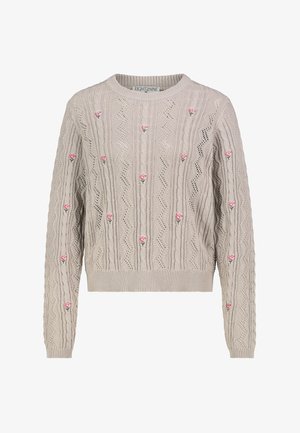 Beiger Strickpullover mit Zopfmuster und kleinen, rosa gestickten Blumen, die über Vorderseite und Ärmel verstreut sind, mit rundem Ausschnitt.