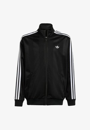 Czarna kurtka na zamek, wykonana z gładkiego materiału, z trzema białymi paskami na każdym rękawie oraz małym białym logo na górnej lewej stronie.