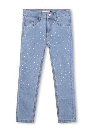Jean en denim bleu clair avec une coupe slim, ornés de dots multicolores et brillants dispersés sur les jambes et un bouton en forme de cœur.