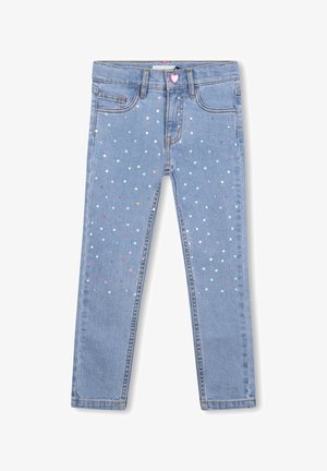 Jeans in denim azzurro chiaro con una vestibilità slim, caratterizzati da decorazioni a pois multicolori e lucidi sparsi sulle gambe e un bottone a forma di cuore.