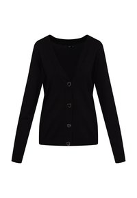 Zwarte cardigan met een V-hals, lange mouwen en hartvormige zilveren knopen aan de voorkant. Gladde, gebreide textuur overal.