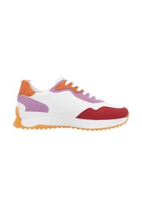 White sneaker with red, purple, and orange accents. Features a textured rubber sole and layered design elements for contrast.