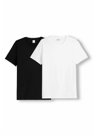 Two basic t-shirts: one black, one white. Both are short-sleeved, crew-neck, made of soft cotton with a smooth texture.