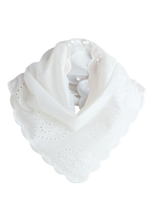 White triangular scarf with scalloped edges and heart-shaped cutout embroidery details.