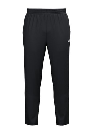 Pantalon de sport noir avec taille élastique et petit logo blanc sur la partie supérieure de la cuisse gauche.