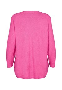 Pink sweater with a relaxed fit, long sleeves, and ribbed hem. Soft texture, features side slits. Minimalistic design with no embellishments.