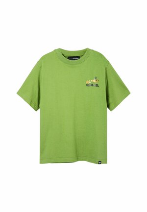 Grünes Baumwoll-T-Shirt mit kurzen Ärmeln, Rundhalsausschnitt und einem kleinen bunten Ananas-Design auf der linken Brust.