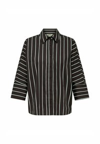 Bruine overhemde shirt met blauwe verticale strepen, met een puntige kraag en driekwart mouwen, gemaakt van lichte stof.