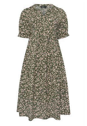 Abito midi verde con maniche a sbuffo, scollo a V e piccolo motivo floreale rosa e bianco su tutta la superficie.