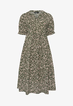 Abito midi verde con maniche a sbuffo, scollo a V e piccolo motivo floreale rosa e bianco su tutta la superficie.