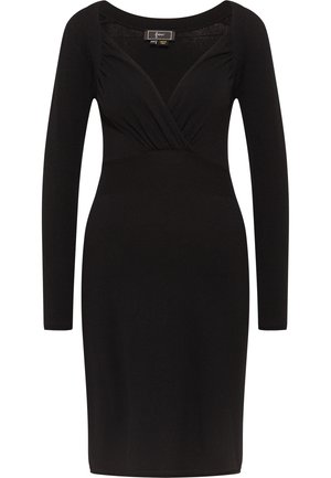 Černé dlouhé šaty s výstřihem do V, přiléhavého střihu a nařasením v oblasti poprsí. Vyrobené z měkké, elastické látky.