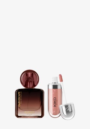Perfumy KIKO Milano Oudescape, ciemna szklana butelka z okrągłym korkiem; różowy błyszczyk do ust z srebrnymi akcentami i aplikatorem w formie patyczka.