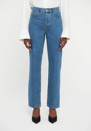 Blue high-waisted straight-leg jeans with a classic denim texture, featuring a front button closure and belt loops.