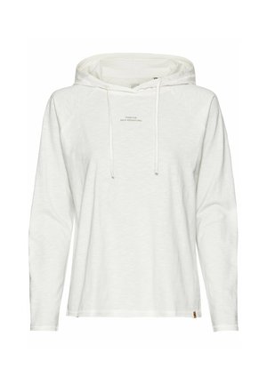 Hvid langærmet hoodie lavet af blødt stof med en afslappet pasform. Har en hætte med snoretræk og en minimalistisk tekstgrafik på forsiden.