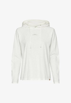 Hvid langærmet hoodie lavet af blødt stof med en afslappet pasform. Har en hætte med snoretræk og en minimalistisk tekstgrafik på forsiden.