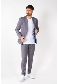 Grau suit mit schmaler Passform, bestehend aus einem einreihigen Sakko und passenden Hosen. Kombiniert mit einem weißen T-Shirt und weißen Sneakers.