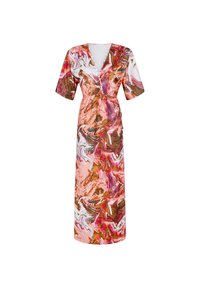 Maxikleid mit einem mehrfarbigen Marmor-Muster, mit kurzen Ärmeln, einem V-Ausschnitt und einem verstellbaren Taillengurt für eine figurbetonte Silhouette.