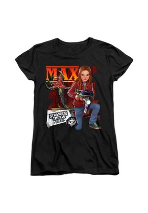 Black t-shirt with graphic of Max from Stranger Things kneeling, holding a slingshot and record player, with monster tentacle and bold "MAX" text.
